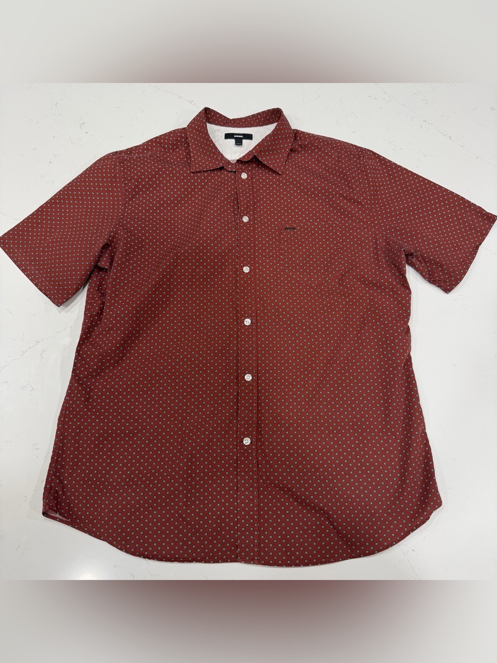 Diesel Men's Burgundy Short Sleeve Button-Down Shirt with Micro Dot Print